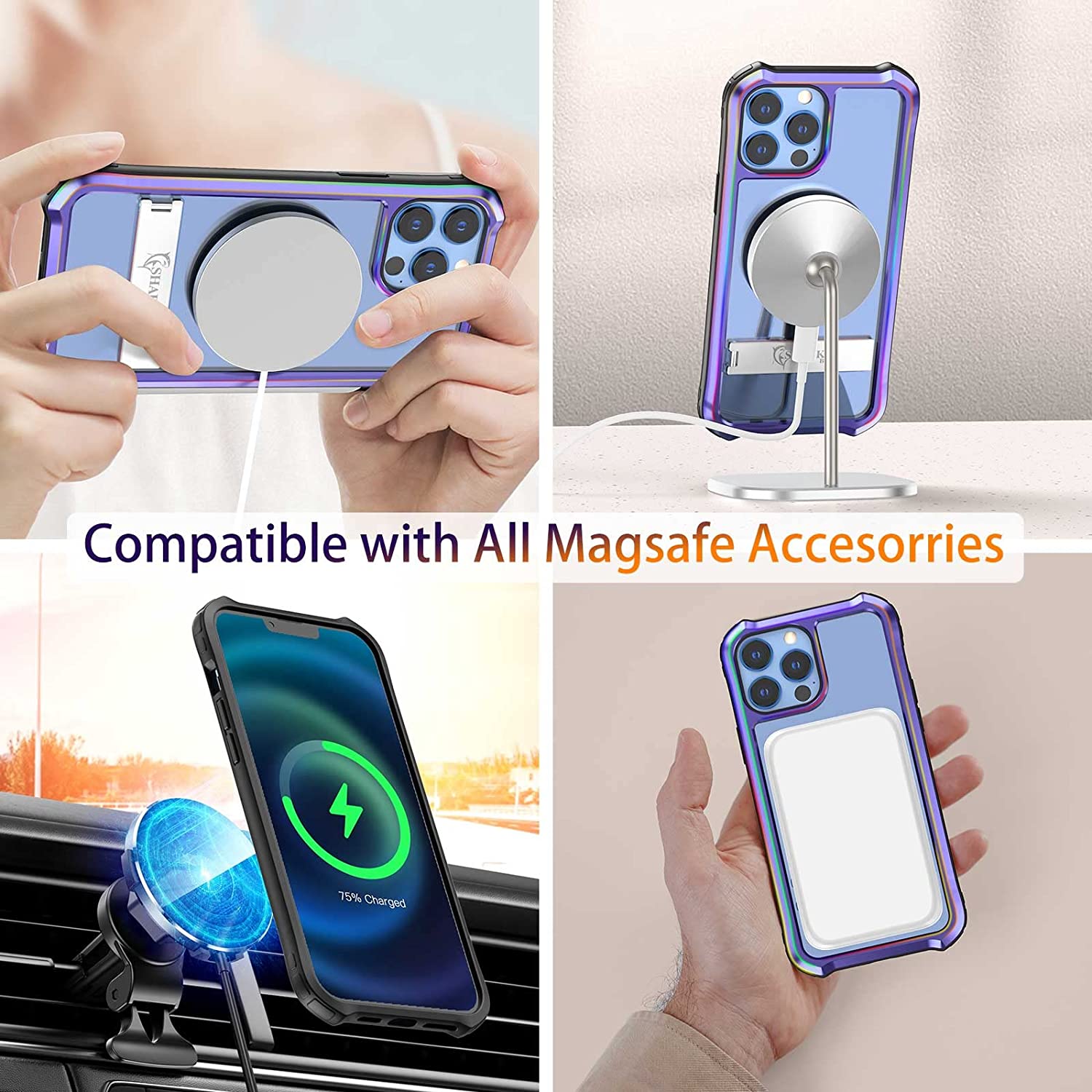 iPhone 13 Pro Max Case Never Yellow Compatible with MagSafe Metal Holder Kickstand Shockproof Cover Color Changing Case Iridescent